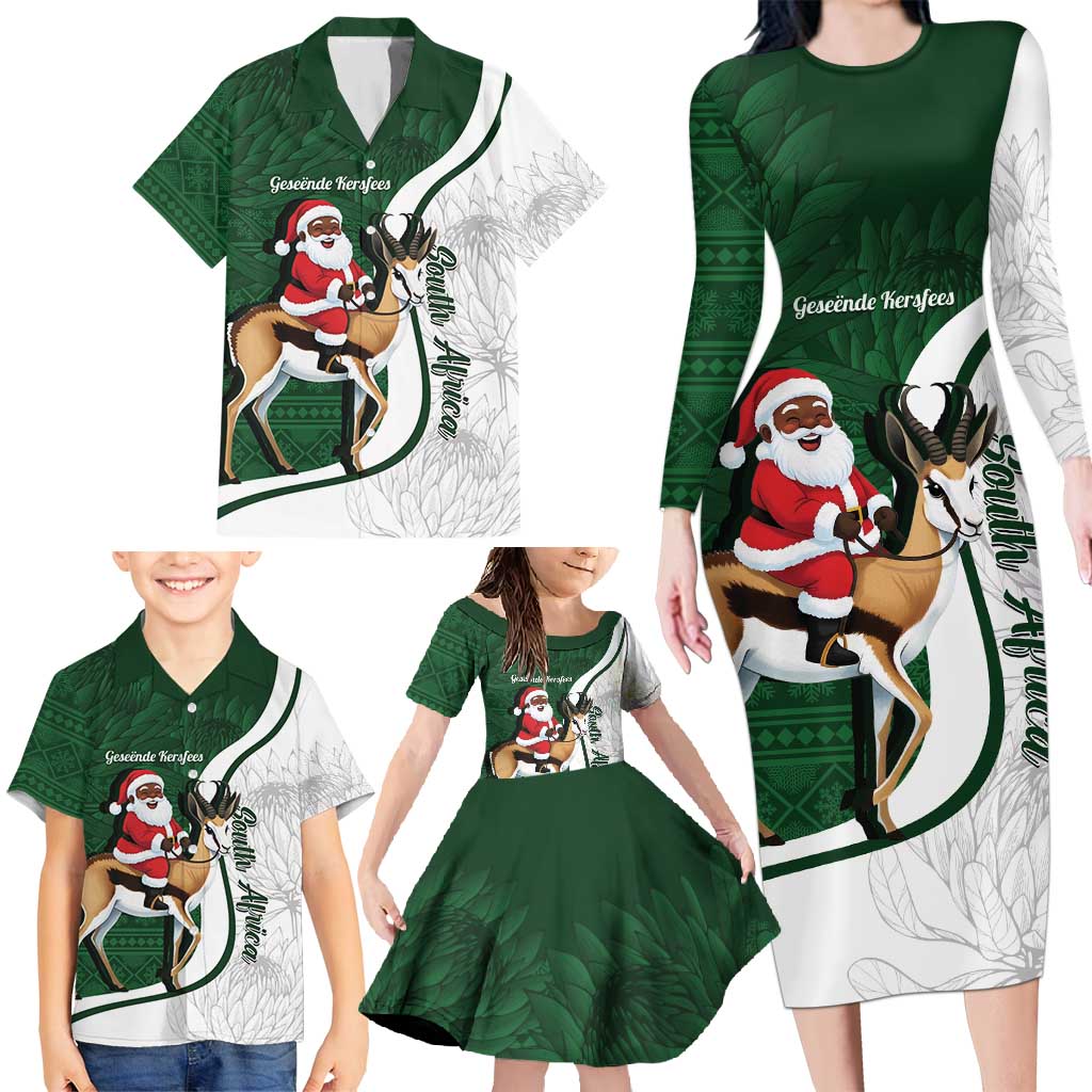 South Africa Christmas In July Family Matching Long Sleeve Bodycon Dress and Hawaiian Shirt Geseende Kersfees Springbok Black Santa
