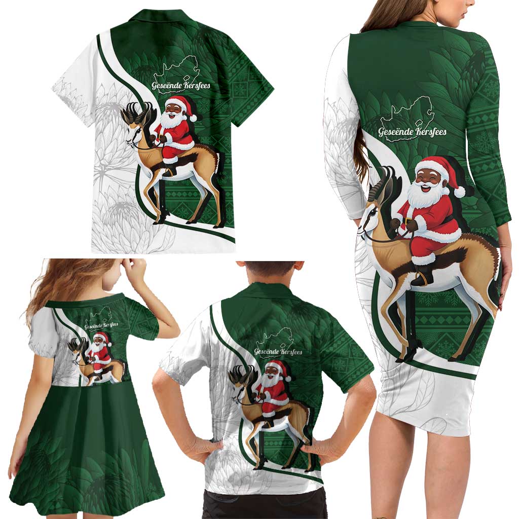 South Africa Christmas In July Family Matching Long Sleeve Bodycon Dress and Hawaiian Shirt Geseende Kersfees Springbok Black Santa