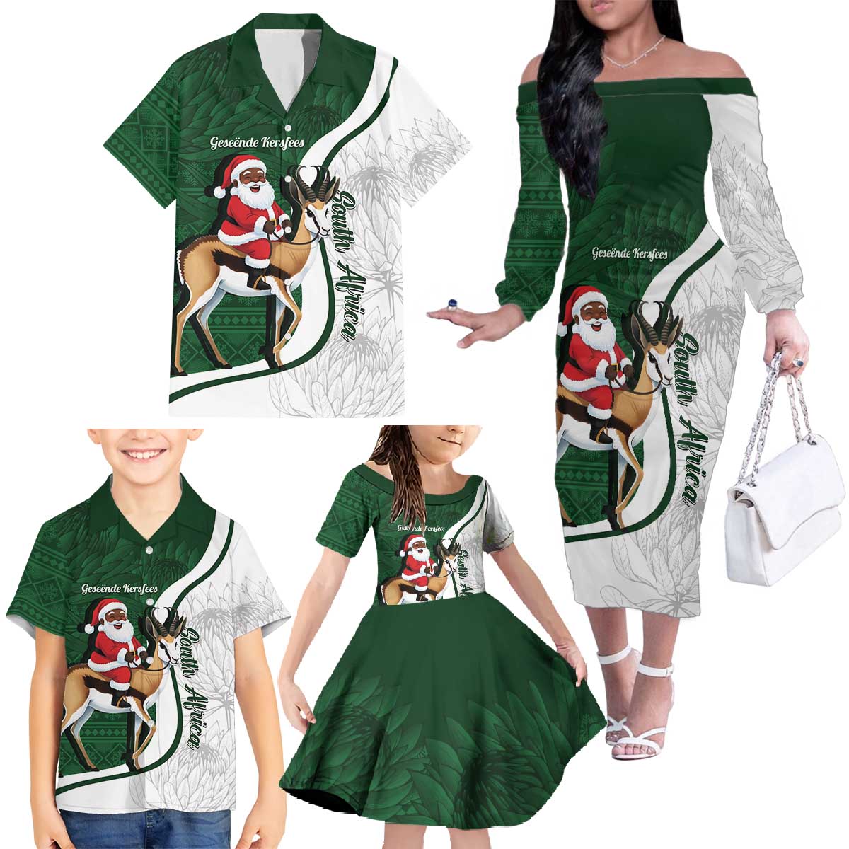 South Africa Christmas In July Family Matching Off The Shoulder Long Sleeve Dress and Hawaiian Shirt Geseende Kersfees Springbok Black Santa
