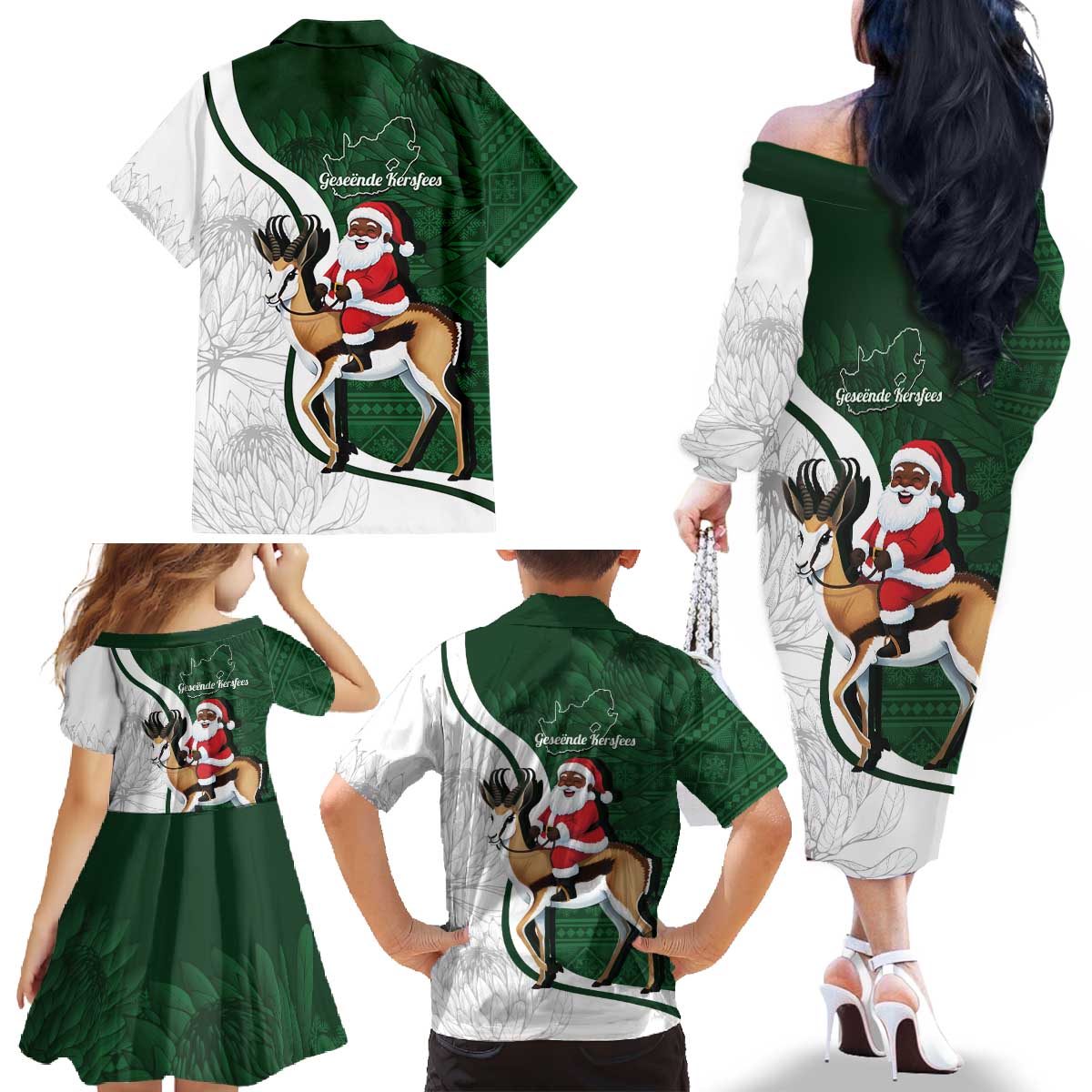 South Africa Christmas In July Family Matching Off The Shoulder Long Sleeve Dress and Hawaiian Shirt Geseende Kersfees Springbok Black Santa