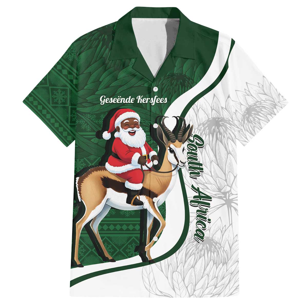 South Africa Christmas In July Family Matching Off The Shoulder Long Sleeve Dress and Hawaiian Shirt Geseende Kersfees Springbok Black Santa