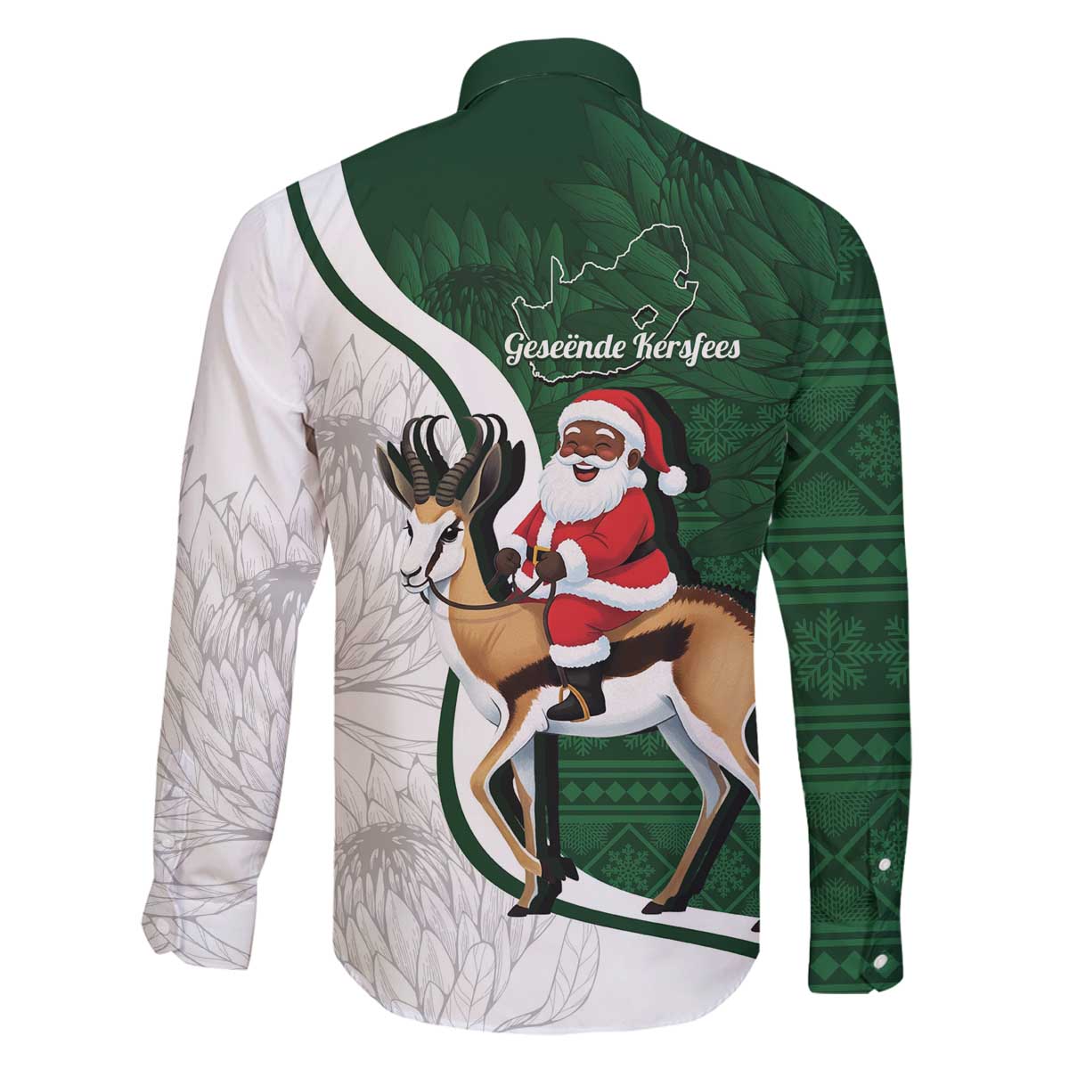 South Africa Christmas In July Family Matching Off The Shoulder Long Sleeve Dress and Hawaiian Shirt Geseende Kersfees Springbok Black Santa