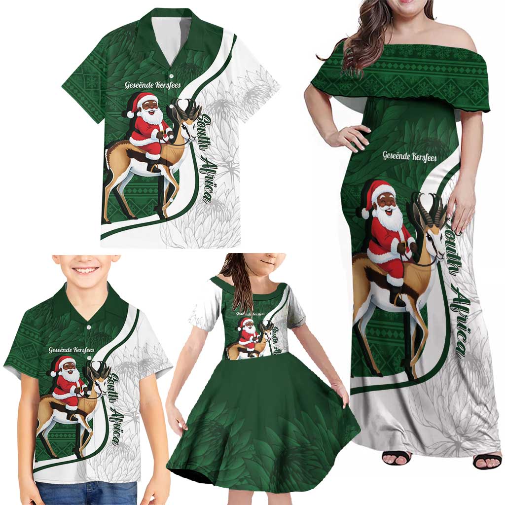 South Africa Christmas In July Family Matching Off Shoulder Maxi Dress and Hawaiian Shirt Geseende Kersfees Springbok Black Santa