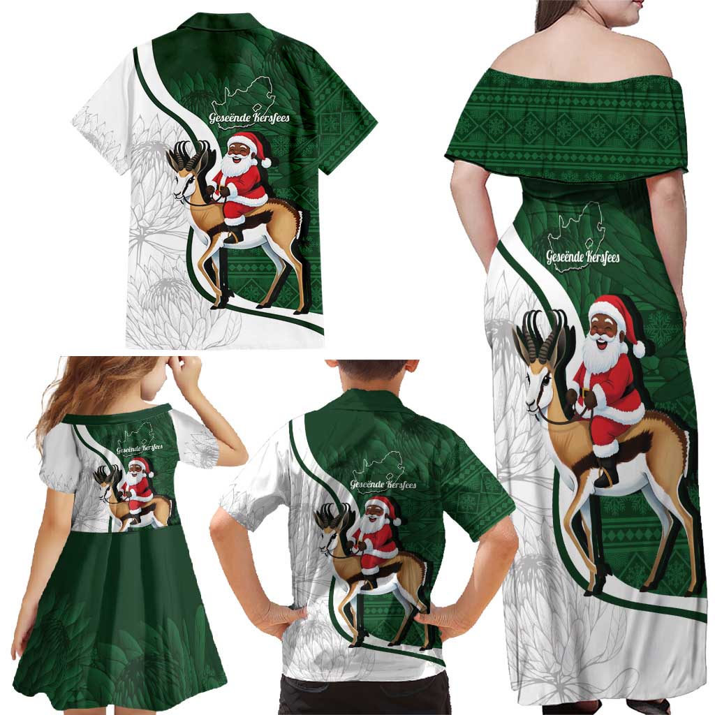 South Africa Christmas In July Family Matching Off Shoulder Maxi Dress and Hawaiian Shirt Geseende Kersfees Springbok Black Santa