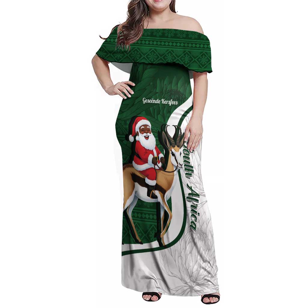 South Africa Christmas In July Family Matching Off Shoulder Maxi Dress and Hawaiian Shirt Geseende Kersfees Springbok Black Santa