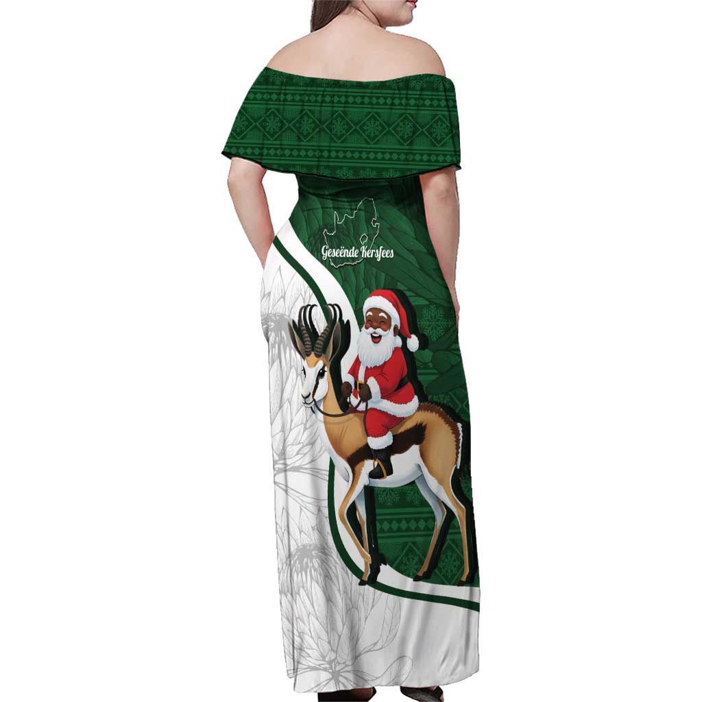 South Africa Christmas In July Family Matching Off Shoulder Maxi Dress and Hawaiian Shirt Geseende Kersfees Springbok Black Santa