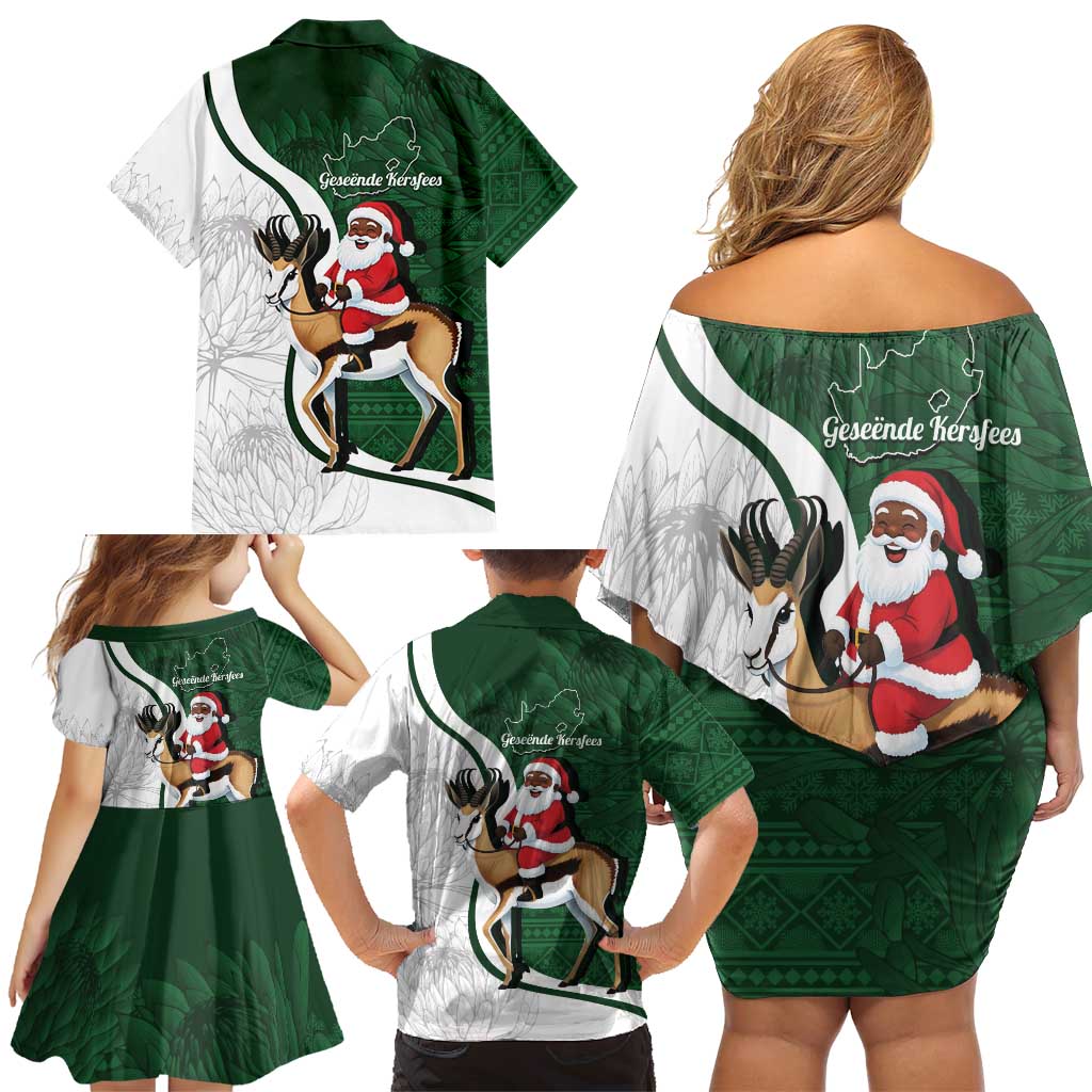 South Africa Christmas In July Family Matching Off Shoulder Short Dress and Hawaiian Shirt Geseende Kersfees Springbok Black Santa