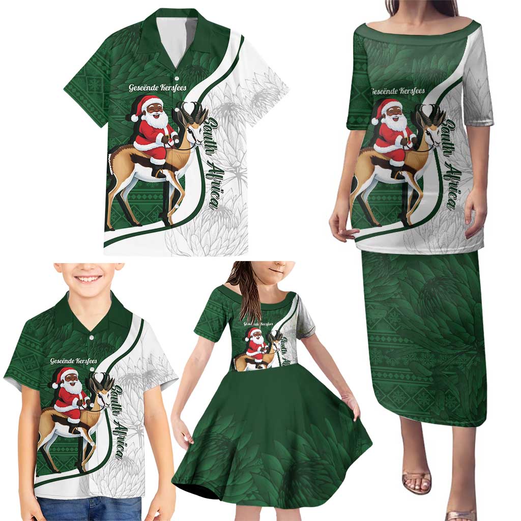 South Africa Christmas In July Family Matching Puletasi and Hawaiian Shirt Geseende Kersfees Springbok Black Santa