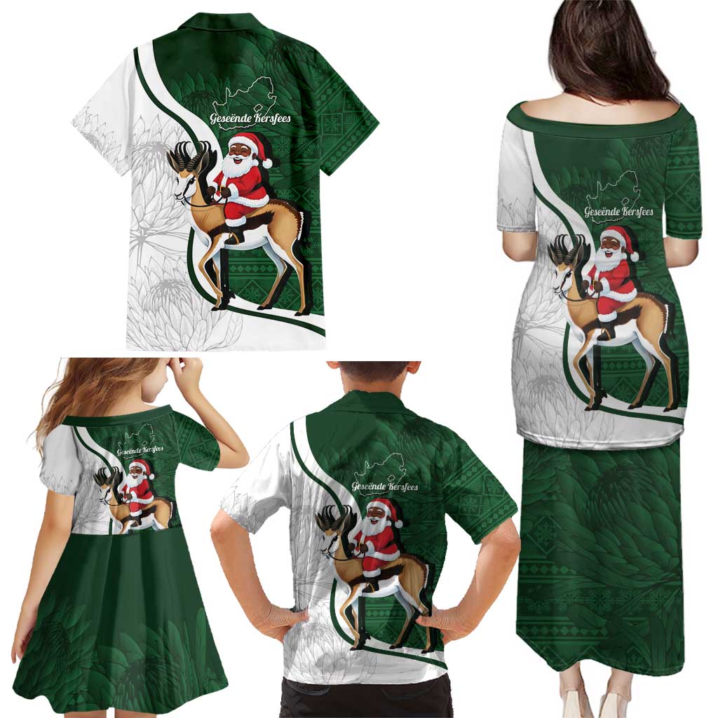 South Africa Christmas In July Family Matching Puletasi and Hawaiian Shirt Geseende Kersfees Springbok Black Santa
