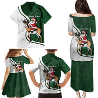 South Africa Christmas In July Family Matching Puletasi and Hawaiian Shirt Geseende Kersfees Springbok Black Santa