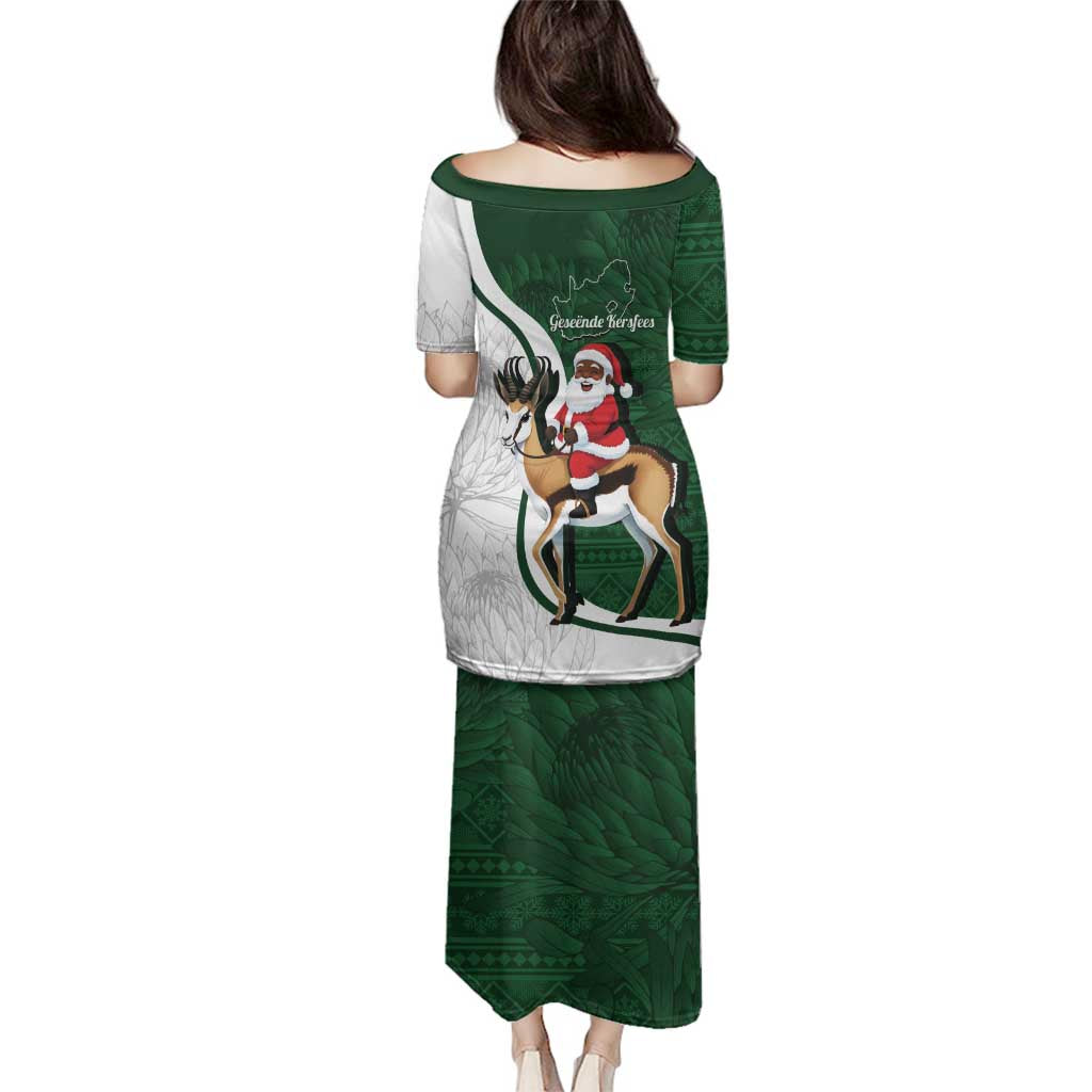 South Africa Christmas In July Family Matching Puletasi and Hawaiian Shirt Geseende Kersfees Springbok Black Santa