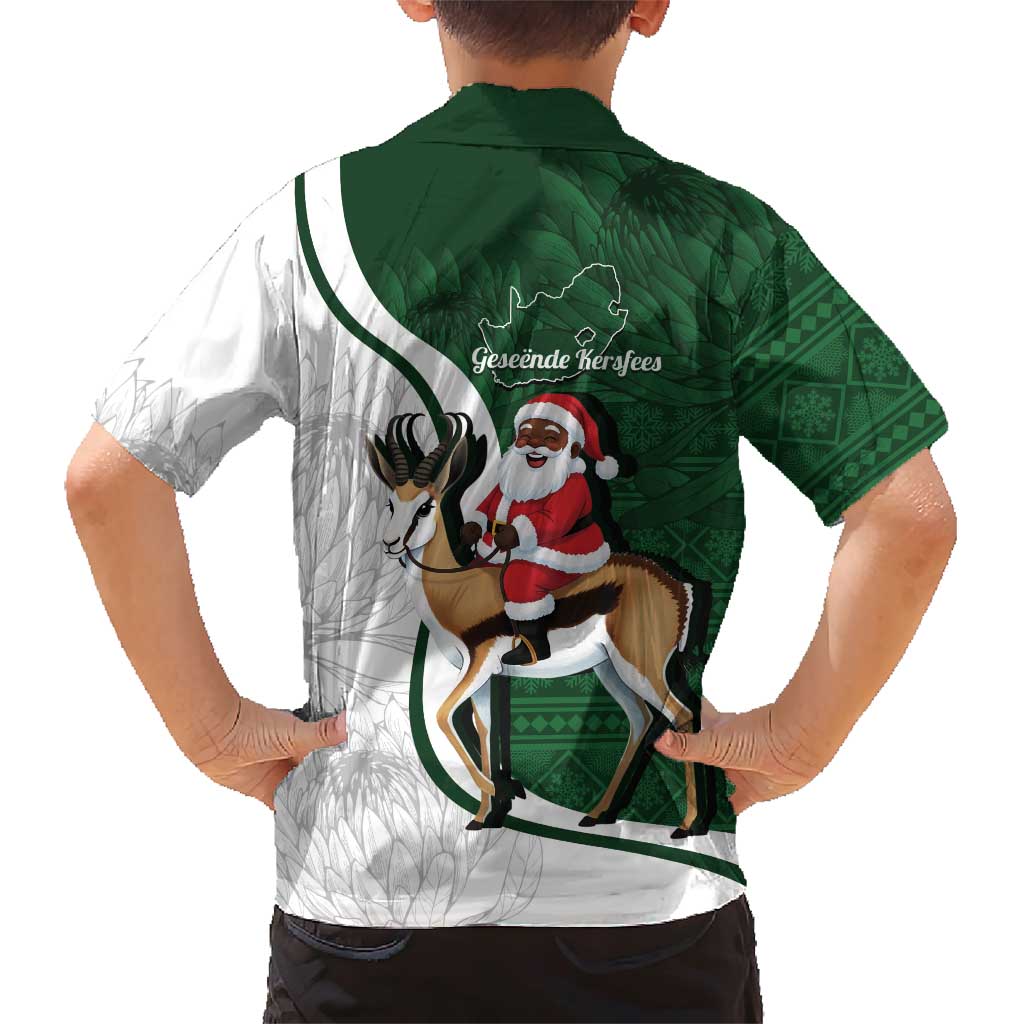 South Africa Christmas In July Family Matching Short Sleeve Bodycon Dress and Hawaiian Shirt Geseende Kersfees Springbok Black Santa