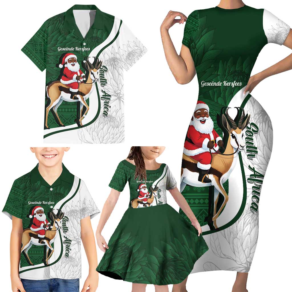 South Africa Christmas In July Family Matching Short Sleeve Bodycon Dress and Hawaiian Shirt Geseende Kersfees Springbok Black Santa