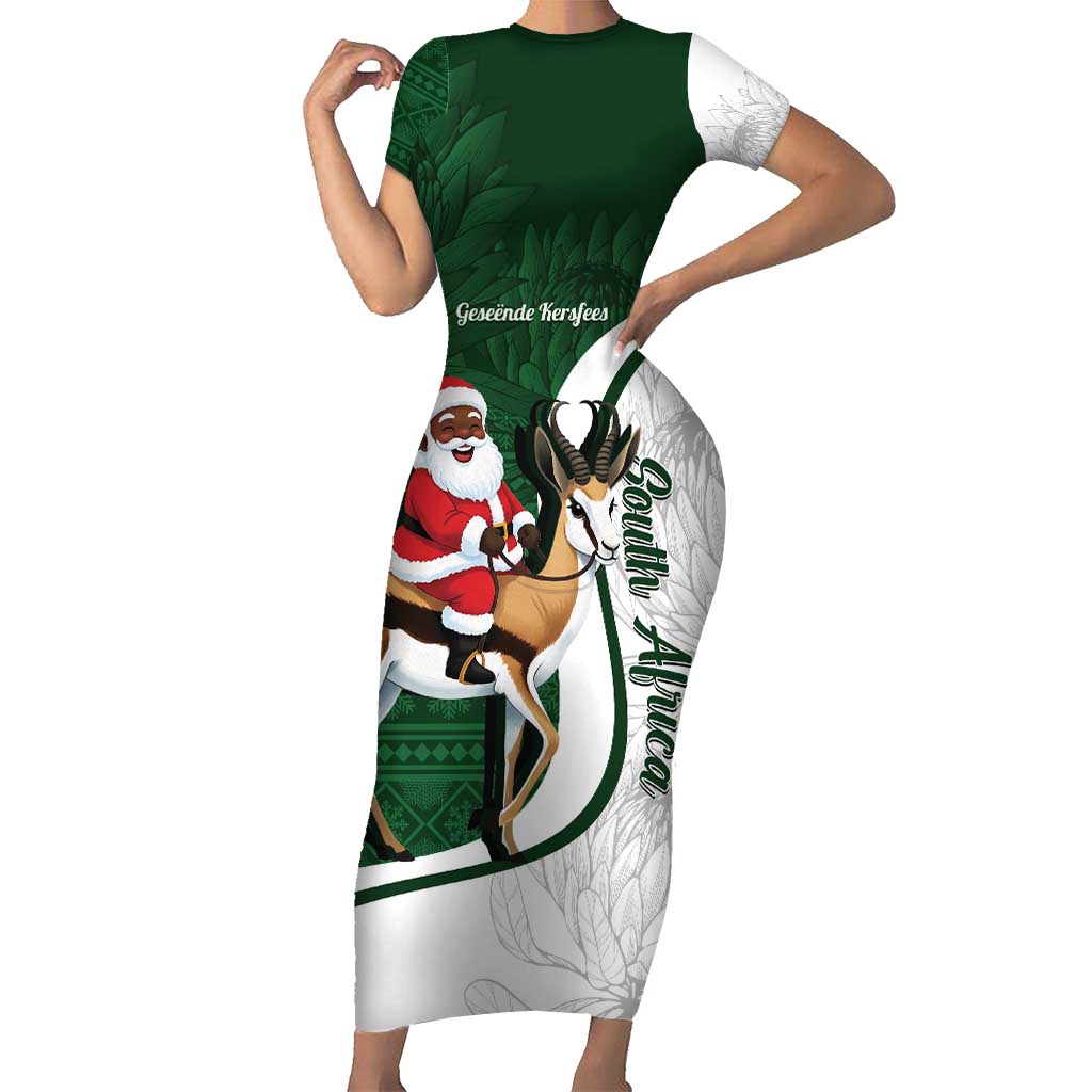 South Africa Christmas In July Family Matching Short Sleeve Bodycon Dress and Hawaiian Shirt Geseende Kersfees Springbok Black Santa