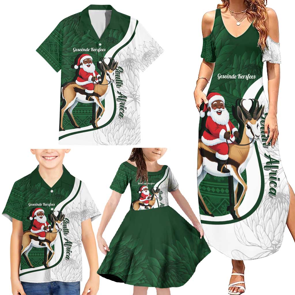 South Africa Christmas In July Family Matching Summer Maxi Dress and Hawaiian Shirt Geseende Kersfees Springbok Black Santa