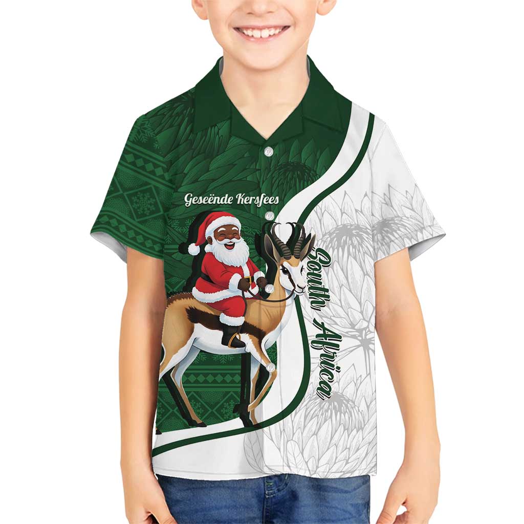 South Africa Christmas In July Family Matching Summer Maxi Dress and Hawaiian Shirt Geseende Kersfees Springbok Black Santa