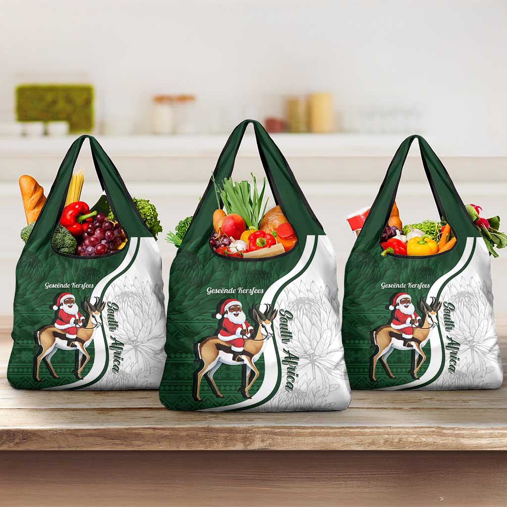 South Africa Christmas In July Grocery Bag Geseende Kersfees Springbok Black Santa