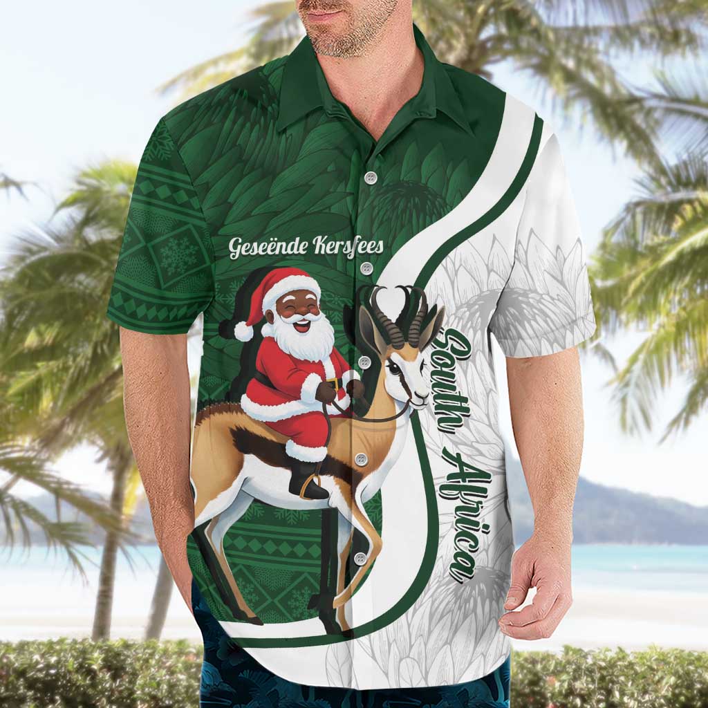 South Africa Christmas In July Hawaiian Shirt Geseende Kersfees Springbok Black Santa