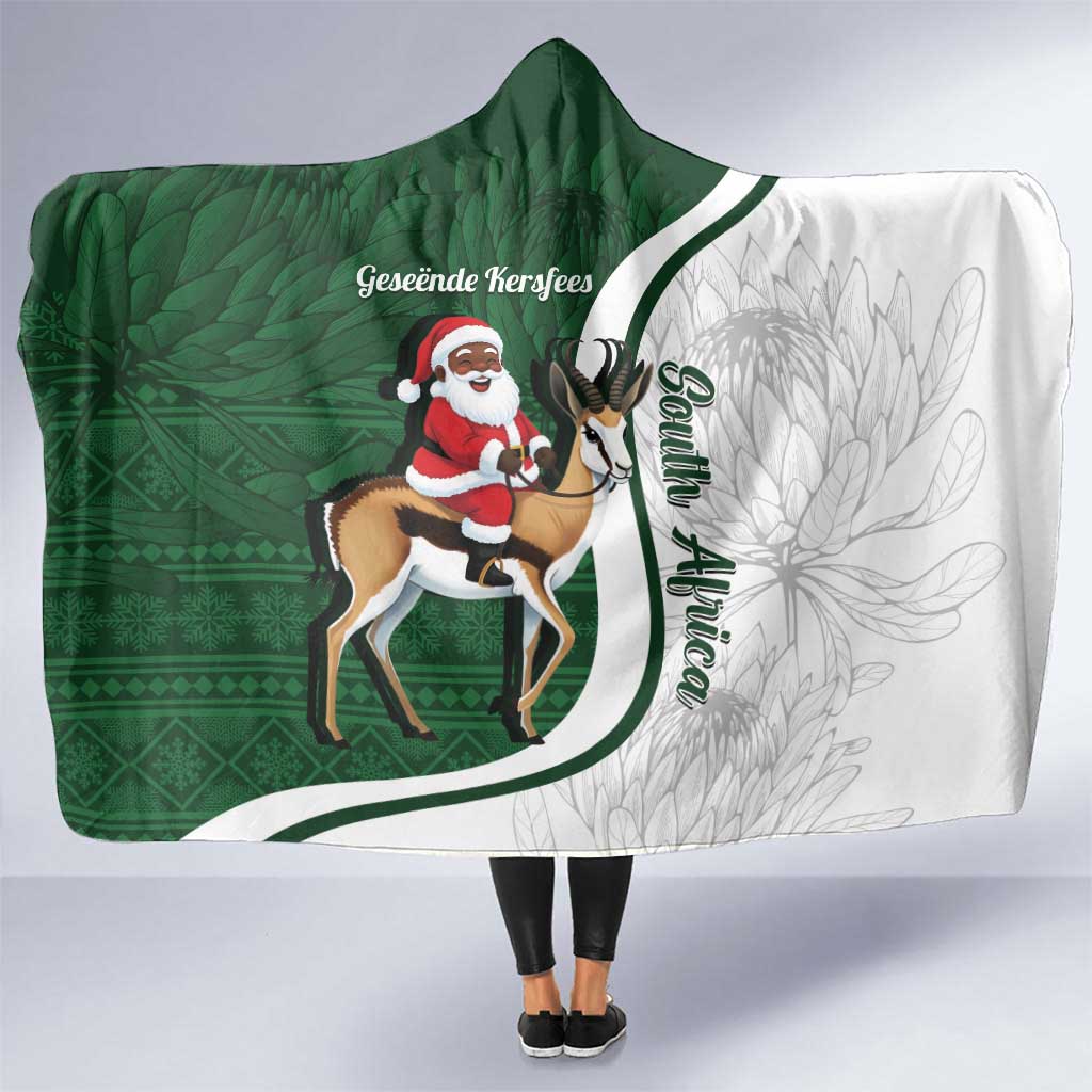 South Africa Christmas In July Hooded Blanket Geseende Kersfees Springbok Black Santa