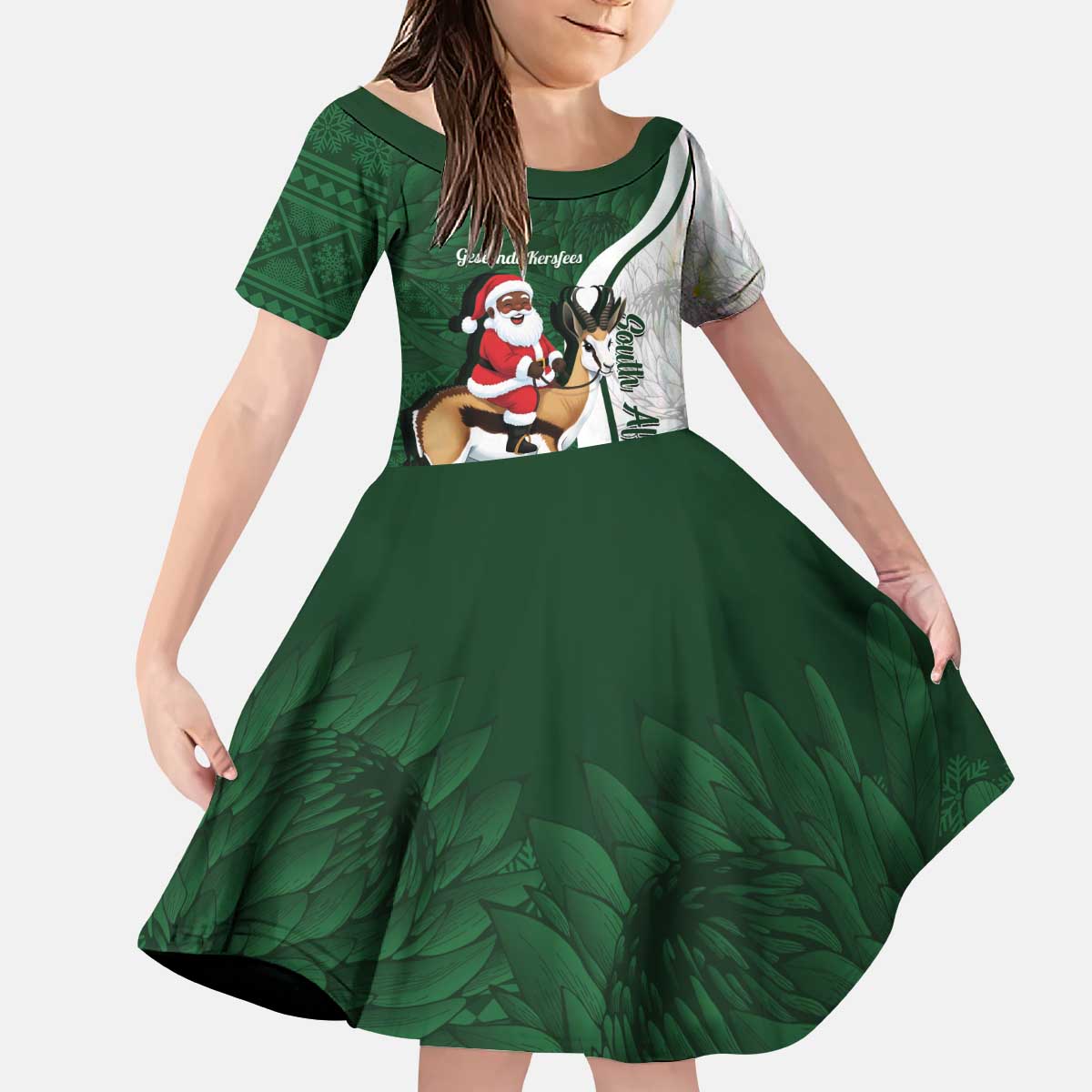 South Africa Christmas In July Kid Short Sleeve Dress Geseende Kersfees Springbok Black Santa