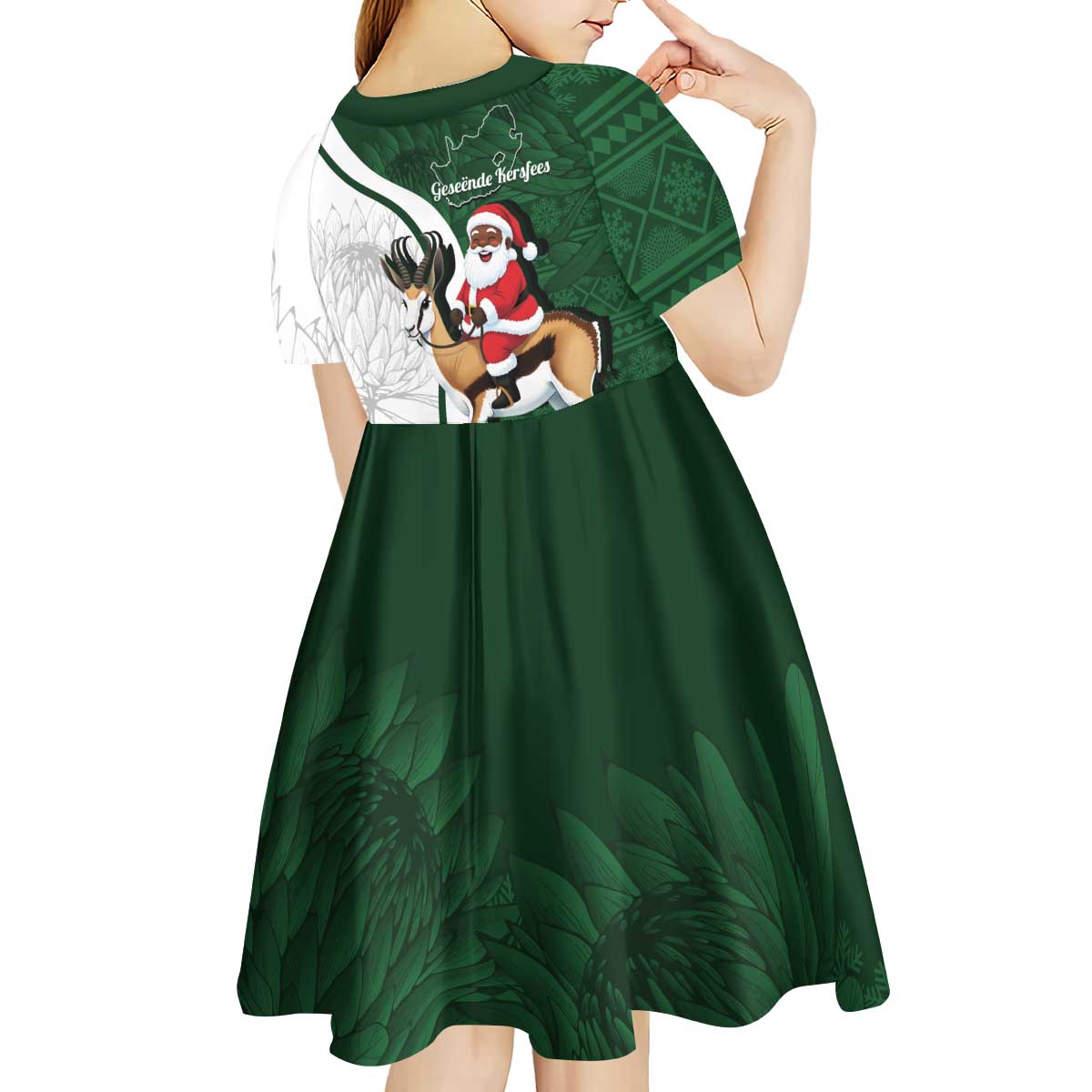 South Africa Christmas In July Kid Short Sleeve Dress Geseende Kersfees Springbok Black Santa