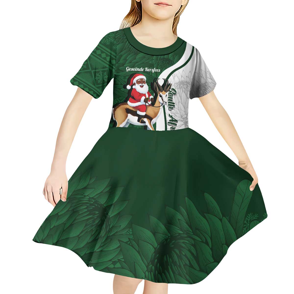 South Africa Christmas In July Kid Short Sleeve Dress Geseende Kersfees Springbok Black Santa