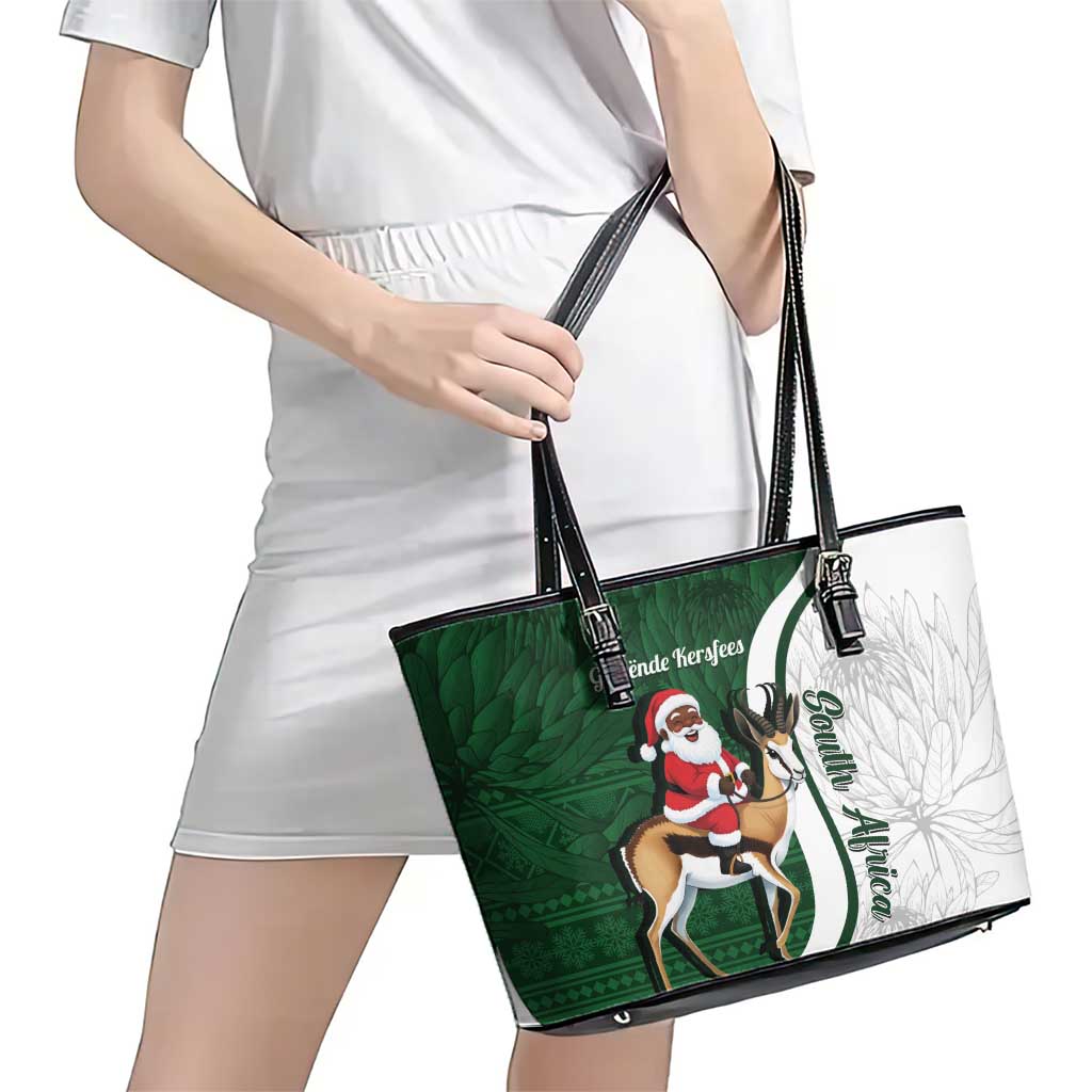 South Africa Christmas In July Leather Tote Bag Geseende Kersfees Springbok Black Santa