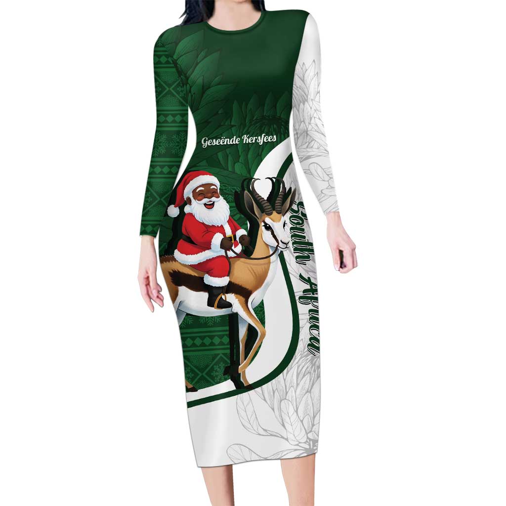 South Africa Christmas In July Long Sleeve Bodycon Dress Geseende Kersfees Springbok Black Santa
