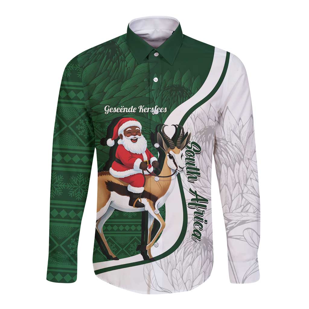 South Africa Christmas In July Long Sleeve Button Shirt Geseende Kersfees Springbok Black Santa