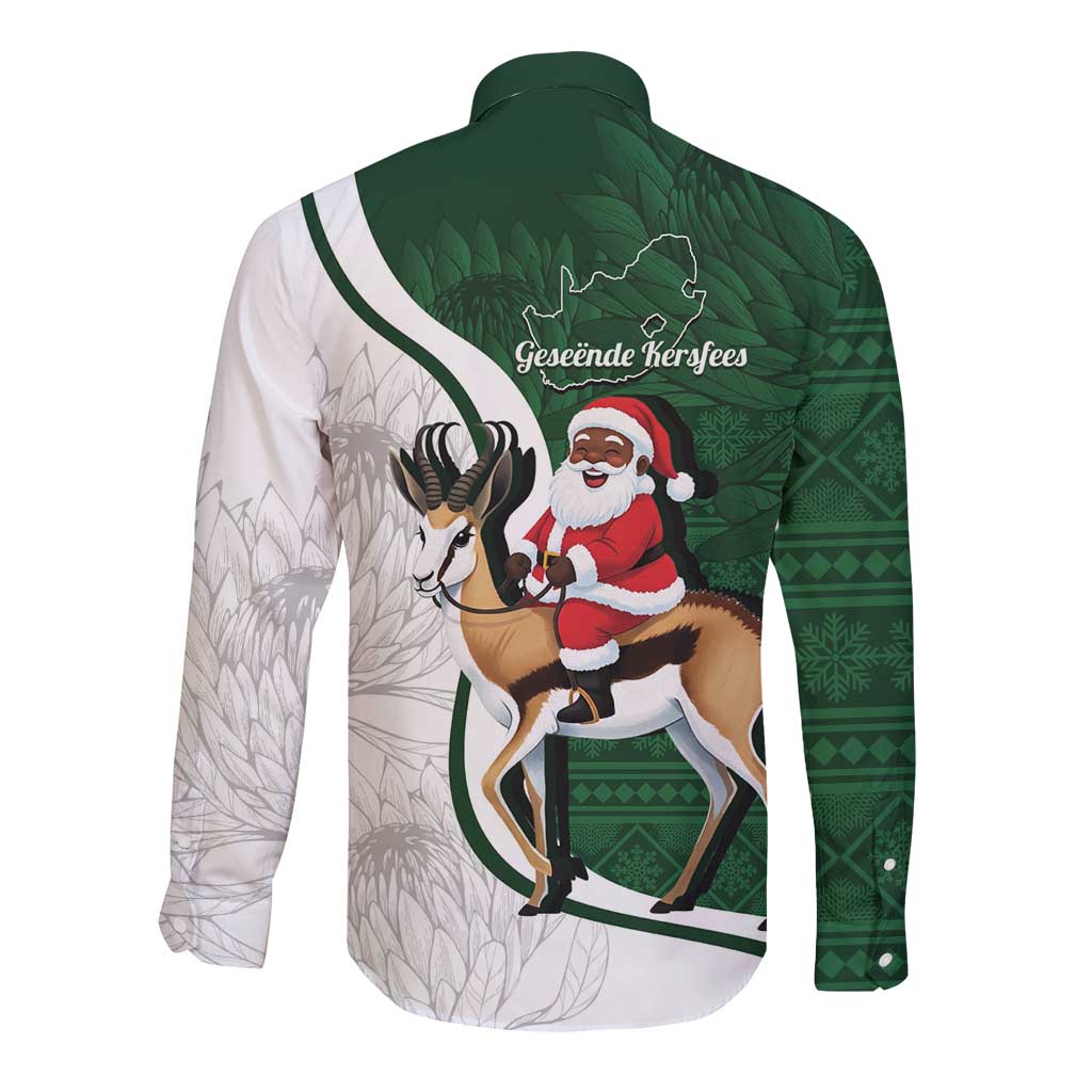 South Africa Christmas In July Long Sleeve Button Shirt Geseende Kersfees Springbok Black Santa