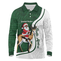 South Africa Christmas In July Long Sleeve Polo Shirt Geseende Kersfees Springbok Black Santa