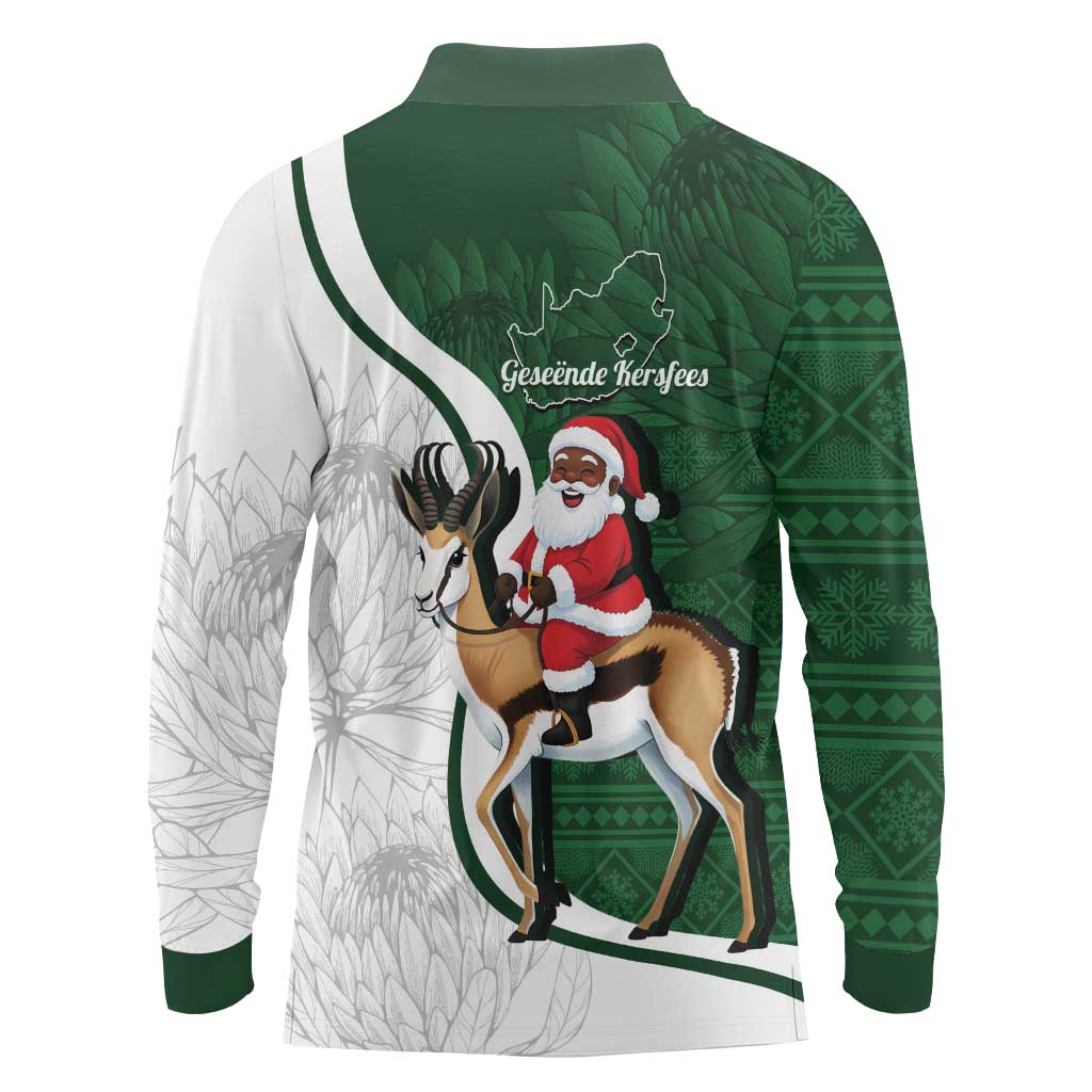 South Africa Christmas In July Long Sleeve Polo Shirt Geseende Kersfees Springbok Black Santa
