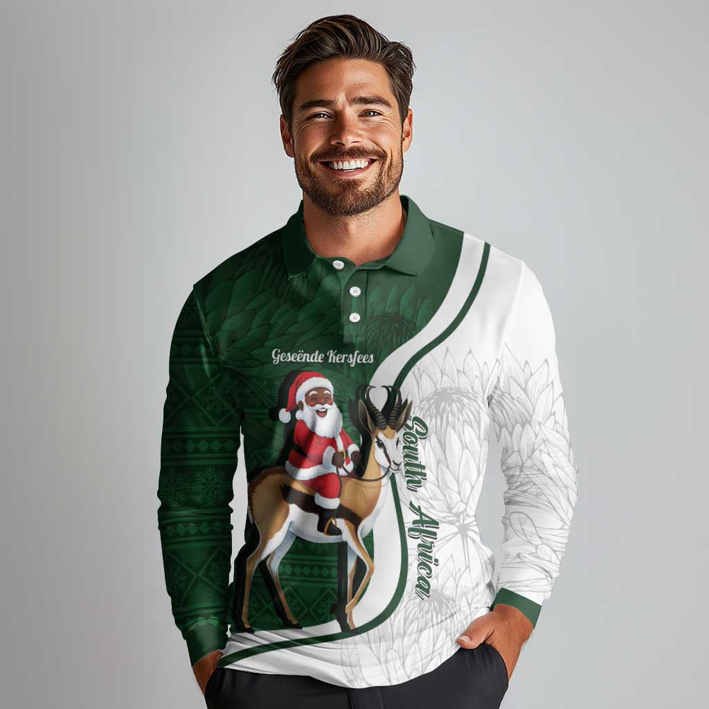 South Africa Christmas In July Long Sleeve Polo Shirt Geseende Kersfees Springbok Black Santa