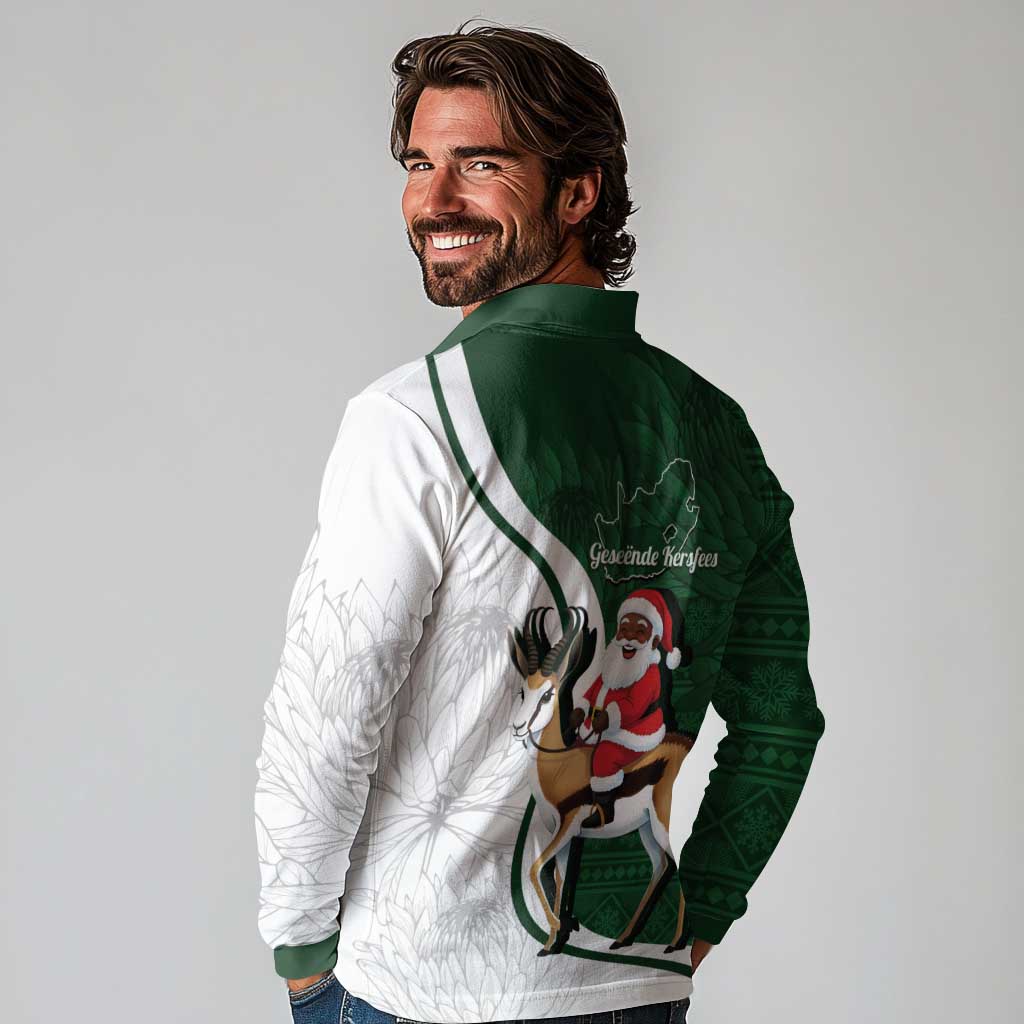 South Africa Christmas In July Long Sleeve Polo Shirt Geseende Kersfees Springbok Black Santa