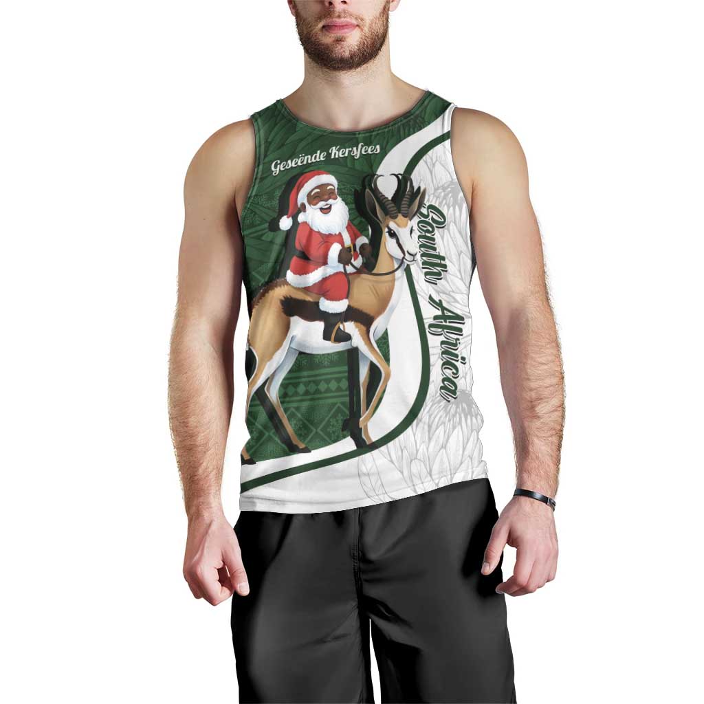 South Africa Christmas In July Men Tank Top Geseende Kersfees Springbok Black Santa