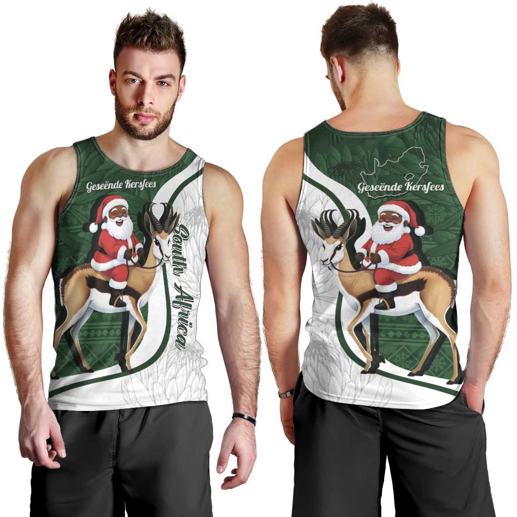 South Africa Christmas In July Men Tank Top Geseende Kersfees Springbok Black Santa