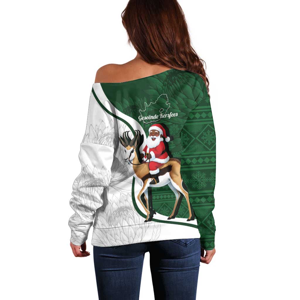 South Africa Christmas In July Off Shoulder Sweater Geseende Kersfees Springbok Black Santa