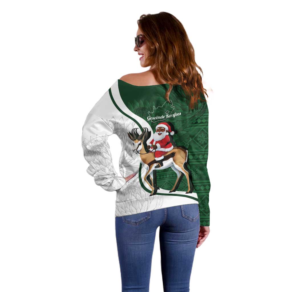 South Africa Christmas In July Off Shoulder Sweater Geseende Kersfees Springbok Black Santa