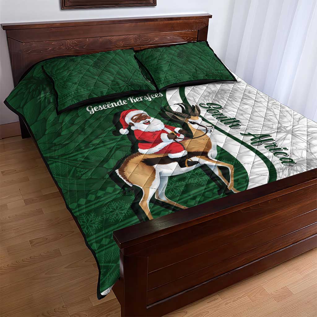 South Africa Christmas In July Quilt Bed Set Geseende Kersfees Springbok Black Santa