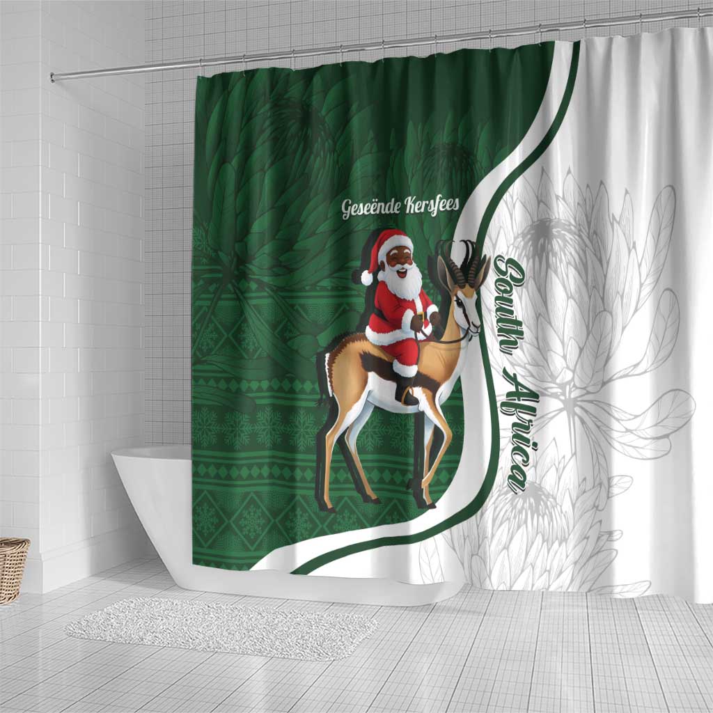 South Africa Christmas In July Shower Curtain Geseende Kersfees Springbok Black Santa