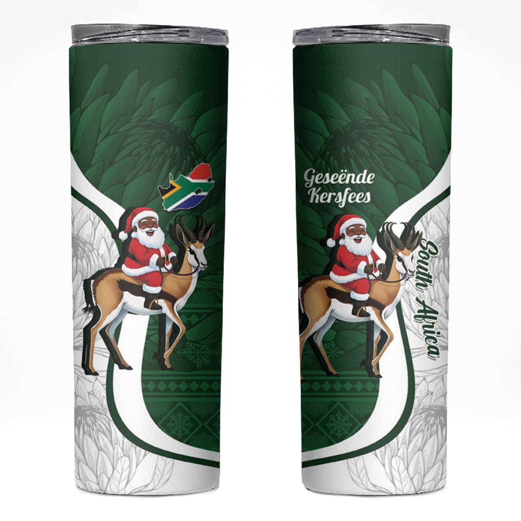 South Africa Christmas In July Skinny Tumbler Geseende Kersfees Springbok Black Santa