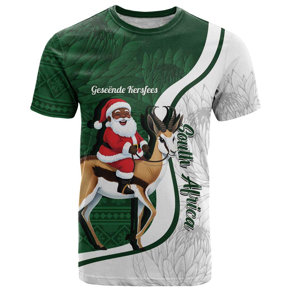 South Africa Christmas In July T Shirt Geseende Kersfees Springbok Black Santa