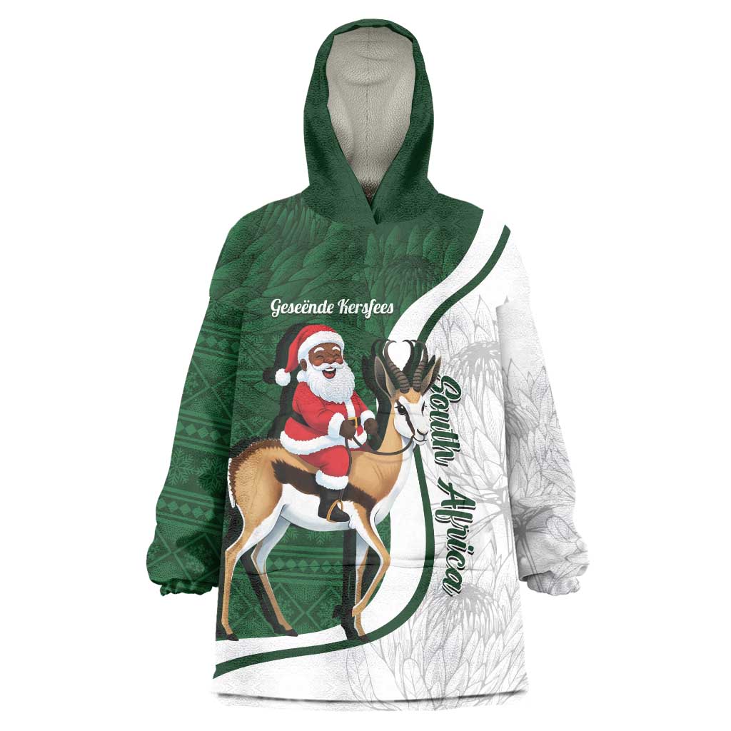 South Africa Christmas In July Wearable Blanket Hoodie Geseende Kersfees Springbok Black Santa