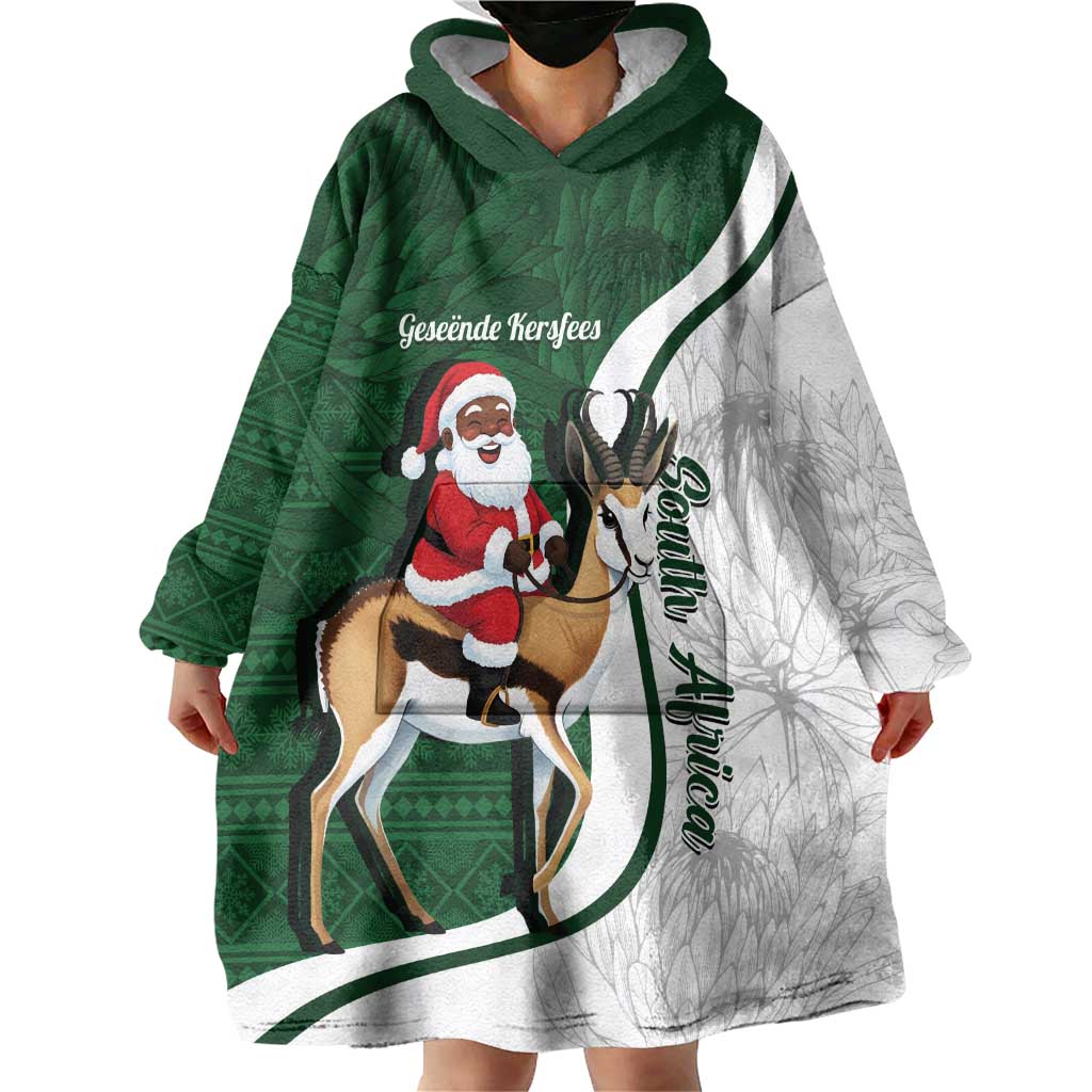 South Africa Christmas In July Wearable Blanket Hoodie Geseende Kersfees Springbok Black Santa