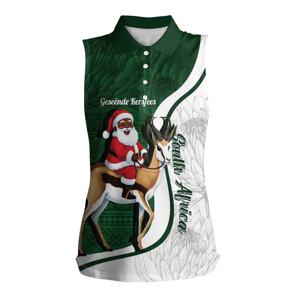 South Africa Christmas In July Women Sleeveless Polo Shirt Geseende Kersfees Springbok Black Santa