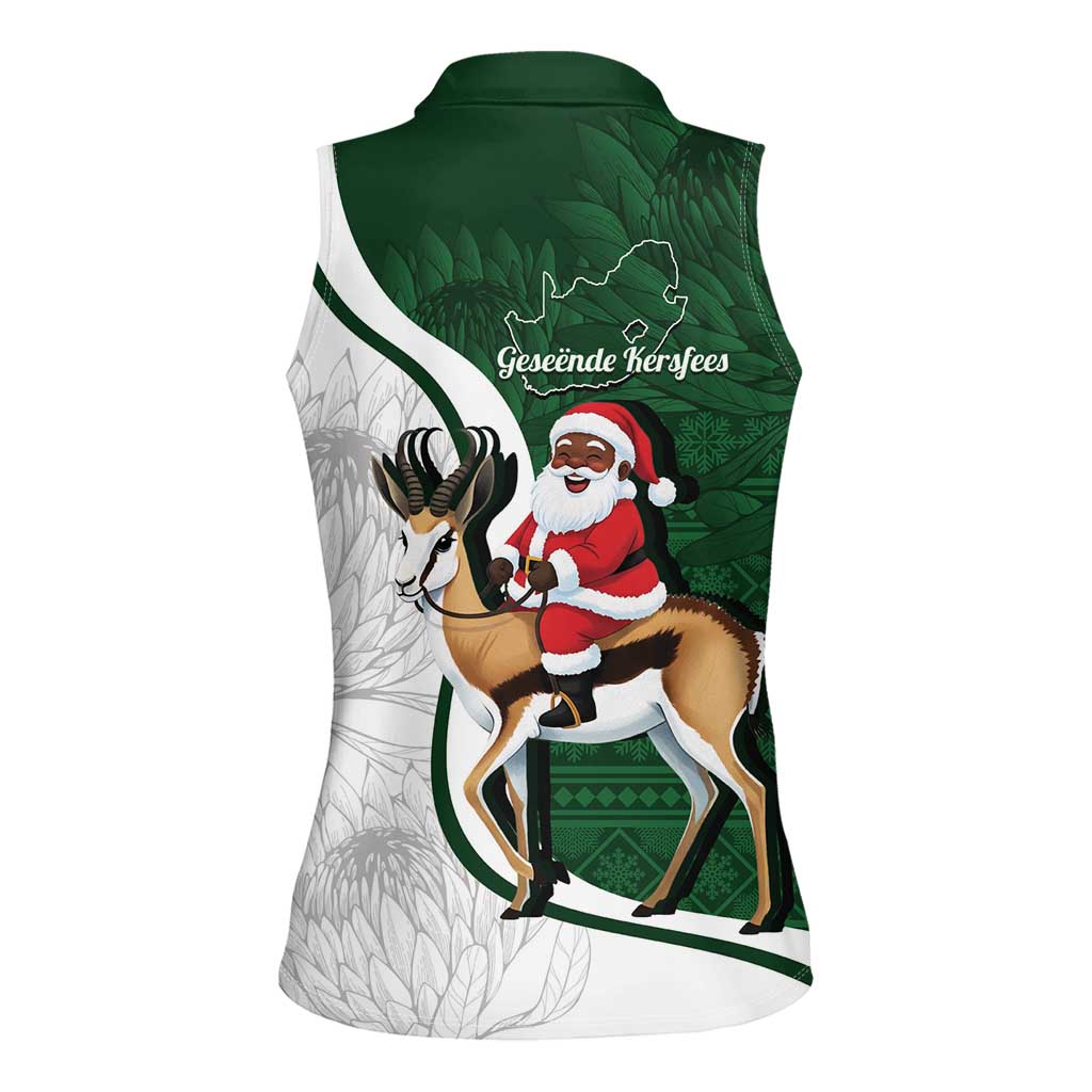 South Africa Christmas In July Women Sleeveless Polo Shirt Geseende Kersfees Springbok Black Santa