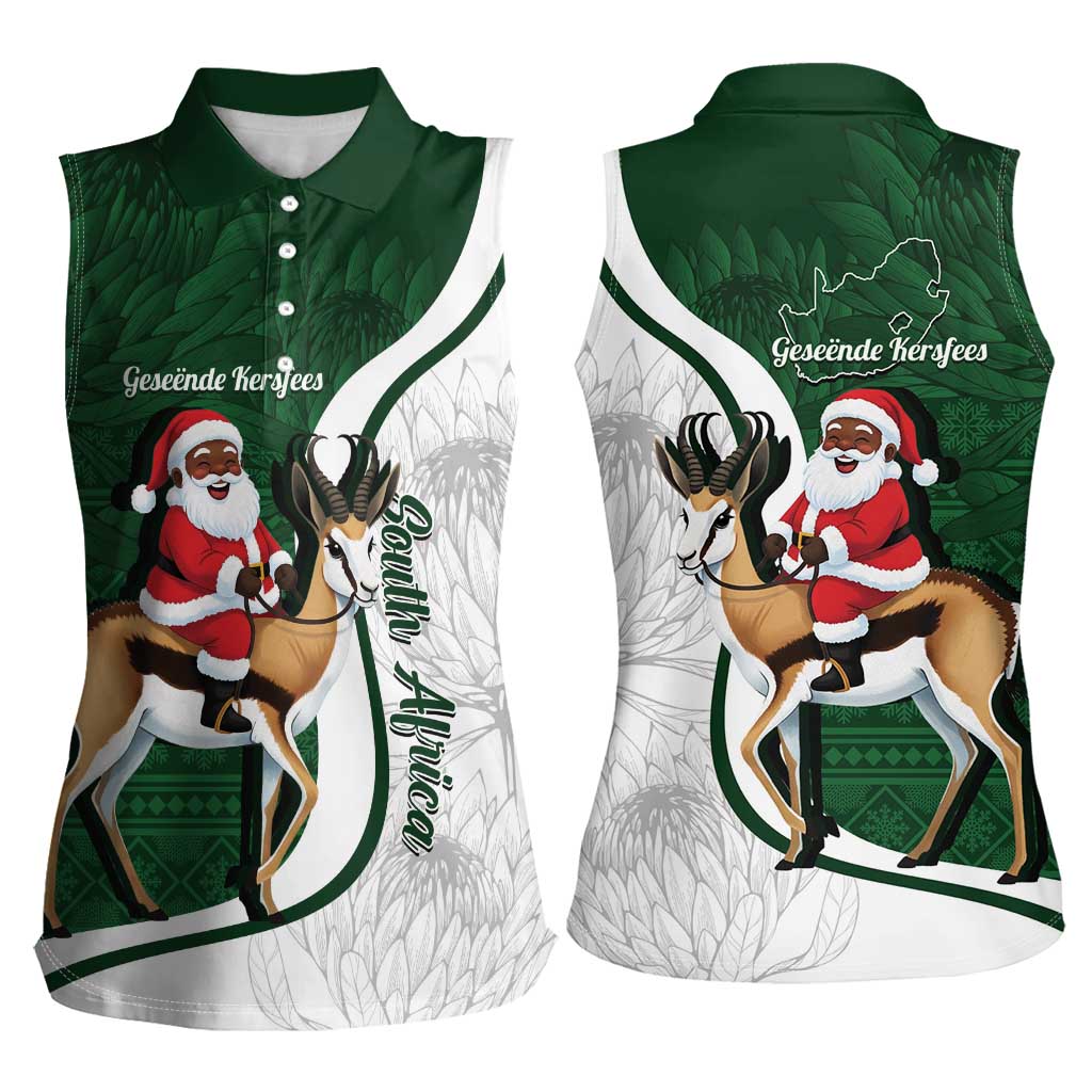 South Africa Christmas In July Women Sleeveless Polo Shirt Geseende Kersfees Springbok Black Santa