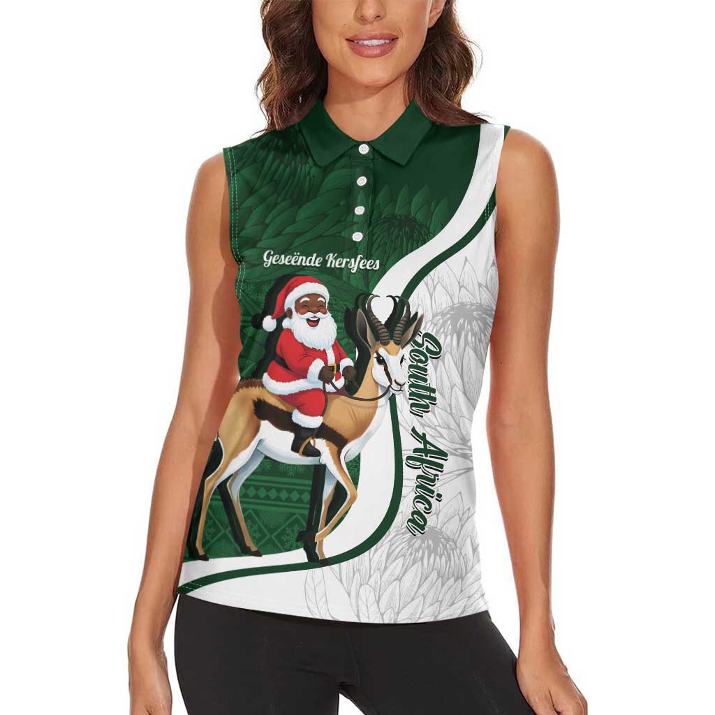 South Africa Christmas In July Women Sleeveless Polo Shirt Geseende Kersfees Springbok Black Santa