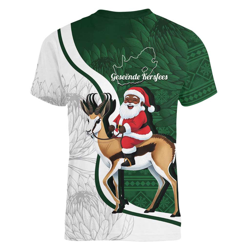 South Africa Christmas In July Women V-Neck T-Shirt Geseende Kersfees Springbok Black Santa