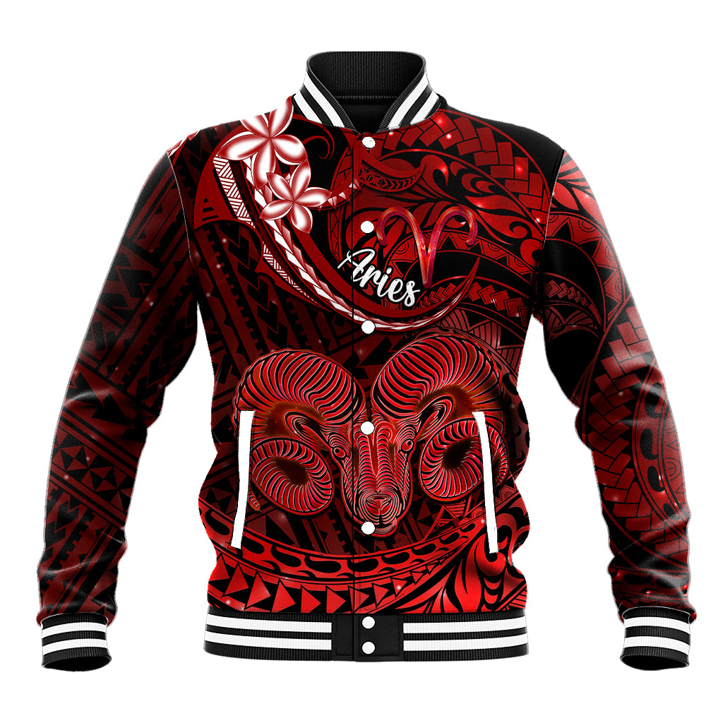 Polynesian Pride Aries Zodiac Baseball Jacket Astrological Sign Tribal Plumeria Red Galaxy - Wonder Print Shop